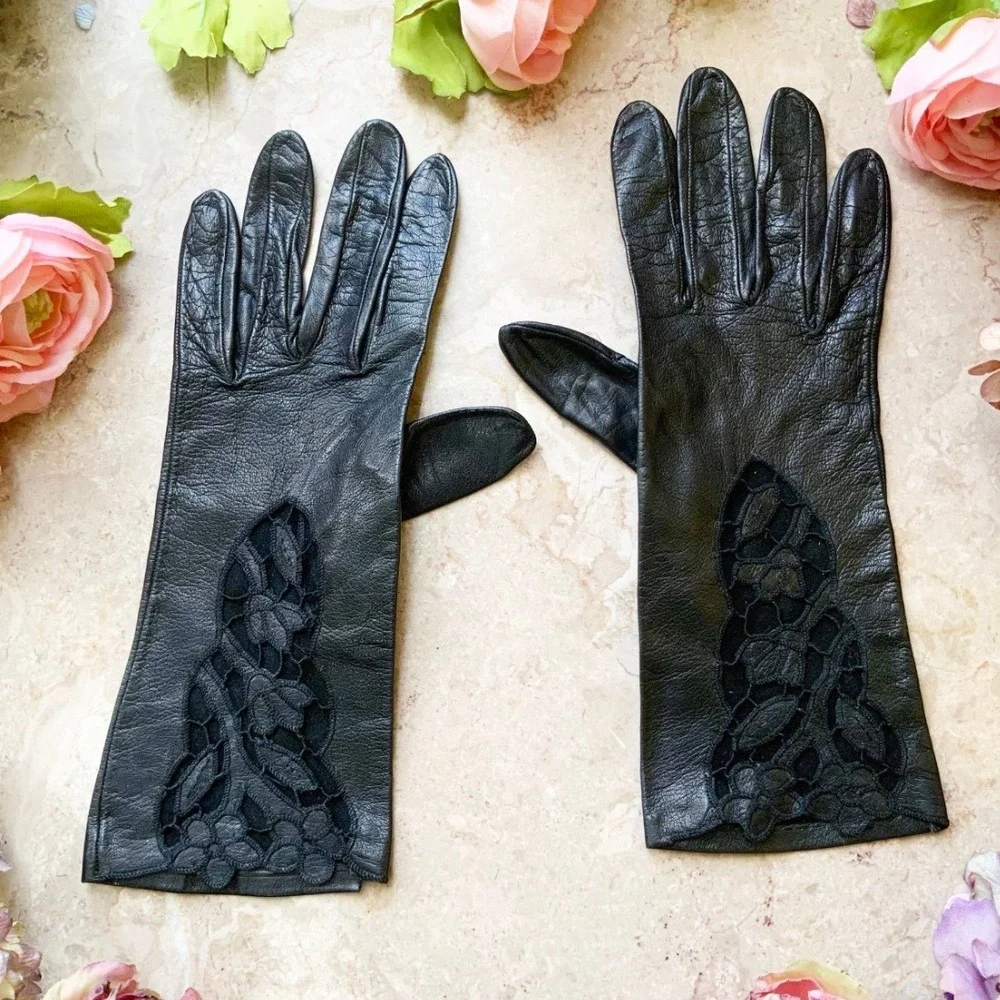 Vintage Black Leather Gloves Floral Lace Cutout Mid Length Formal Evening Womens